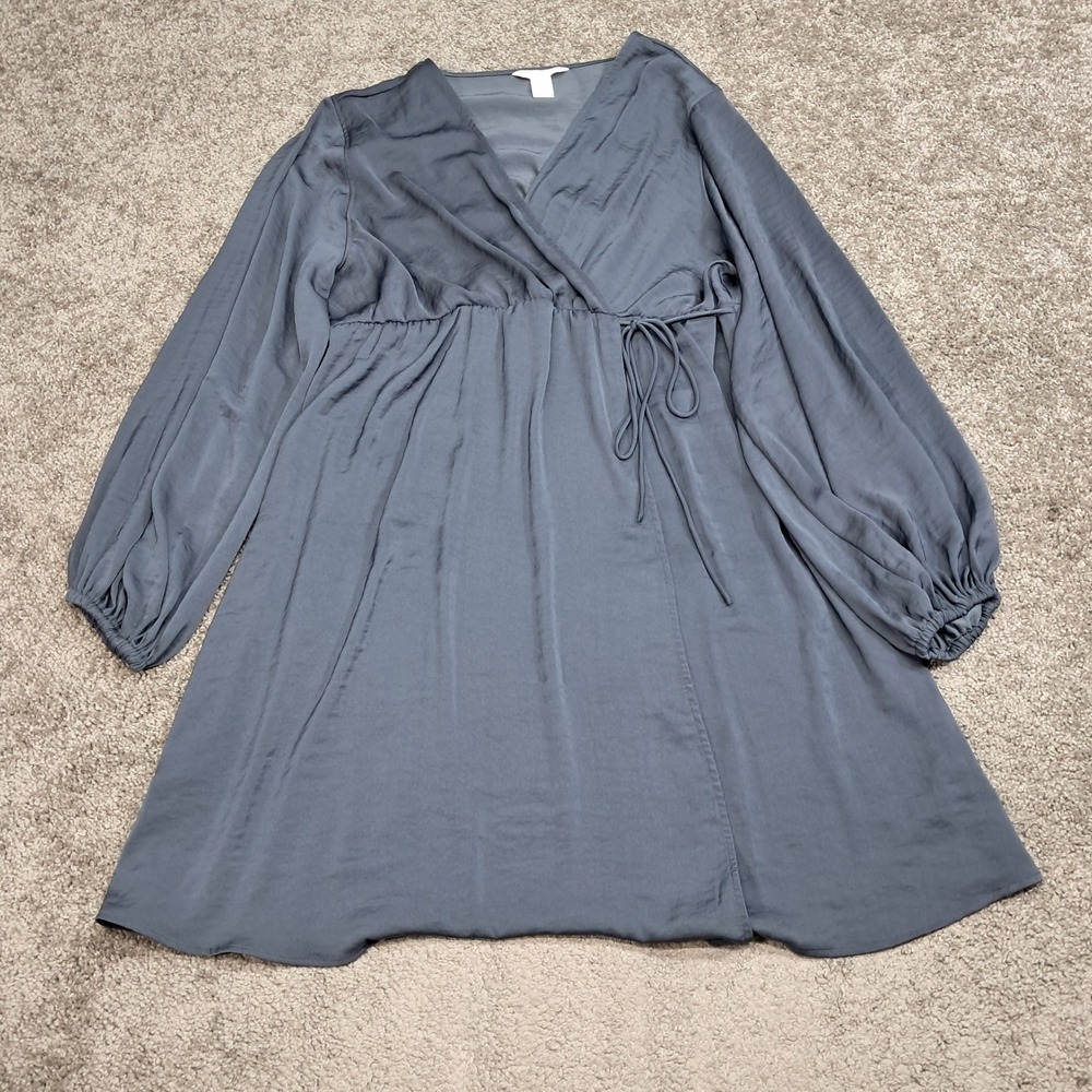 H&M Mama Women L Grey Satin Wrap Front Maternity Dress Balloon Sleeve 0943925 3